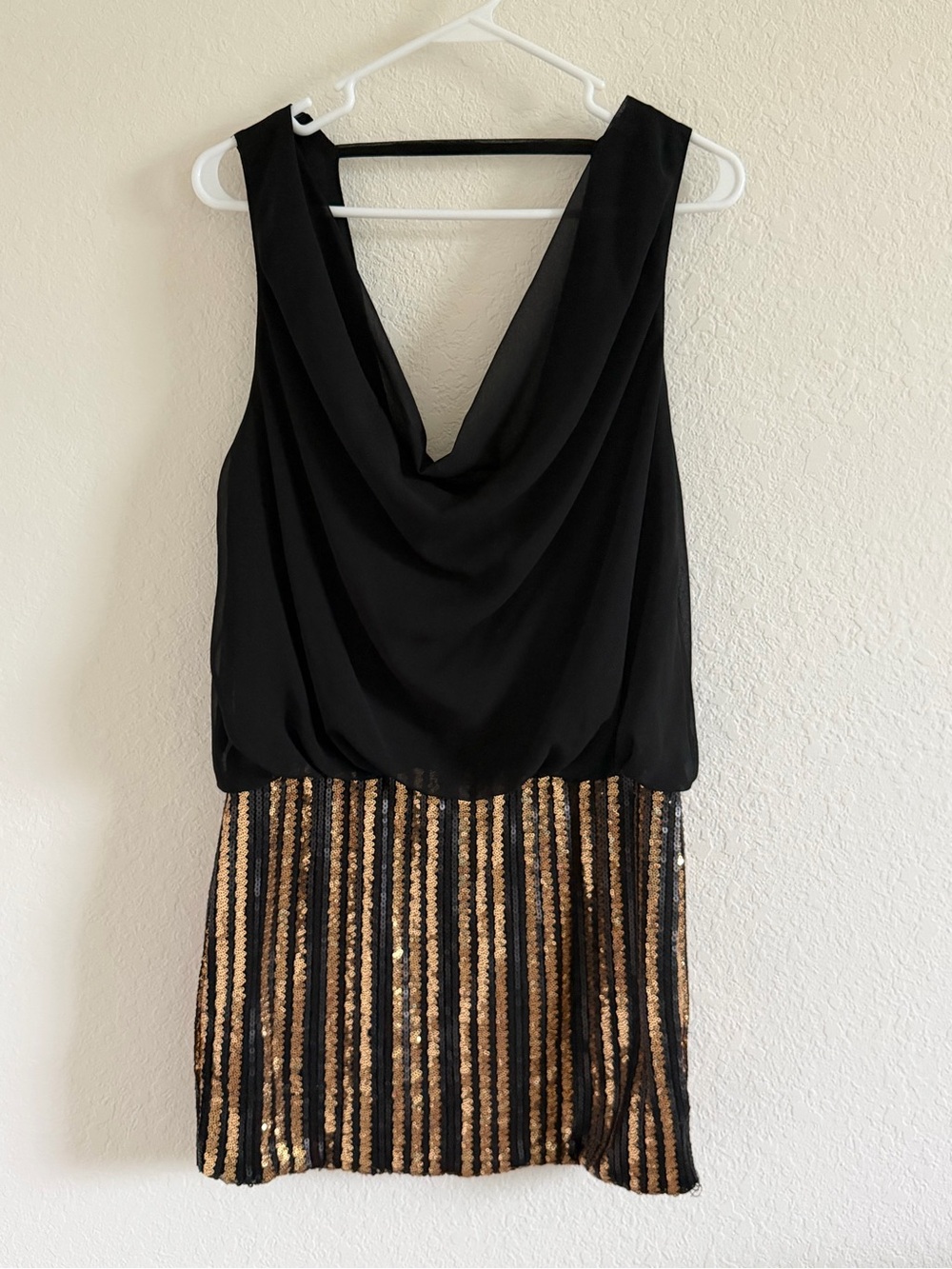 Black and Gold Sequin Cowl Neck Dress